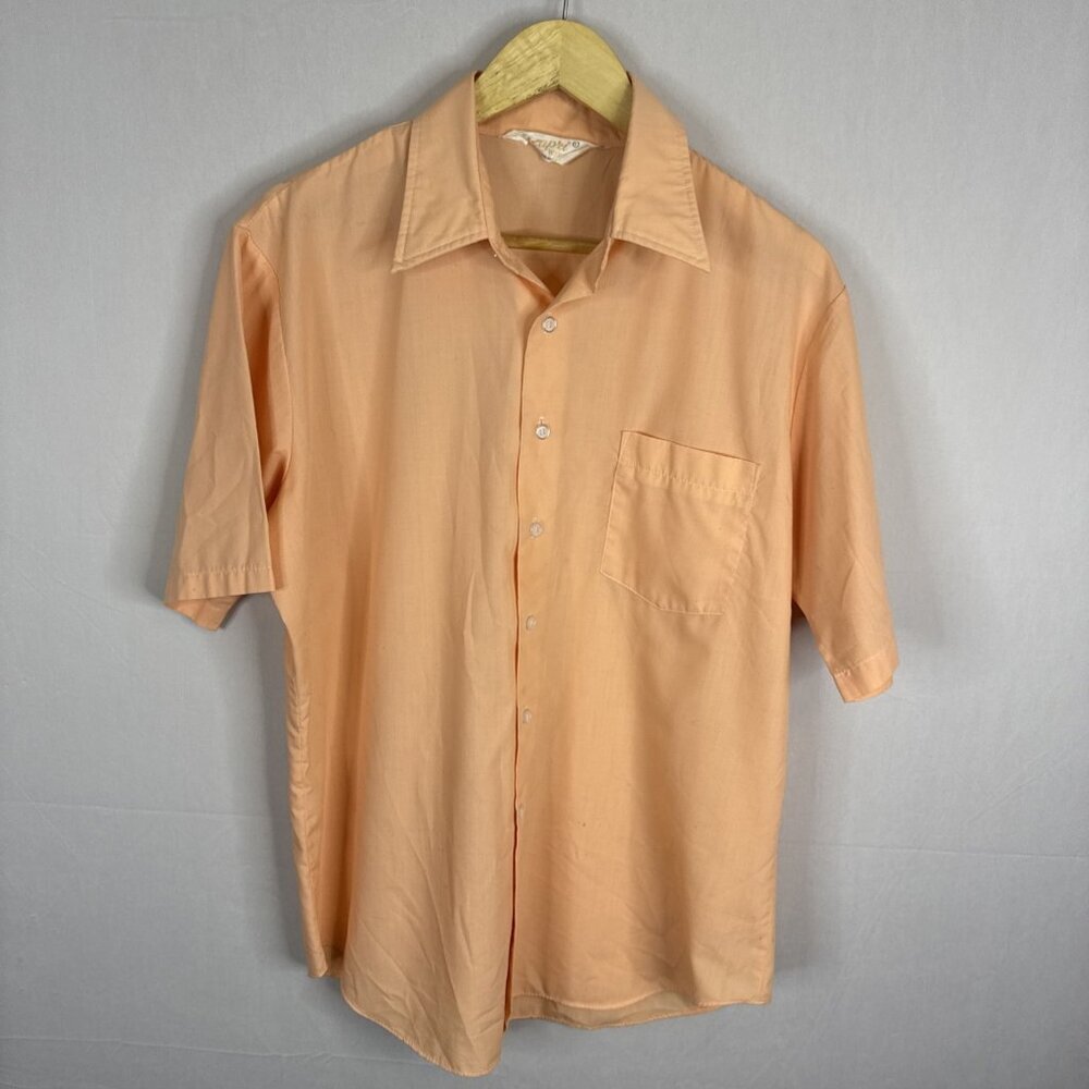 Vintage Capri West‎ Short Sleeve Button Shirt Peach Large 70s Big Collar